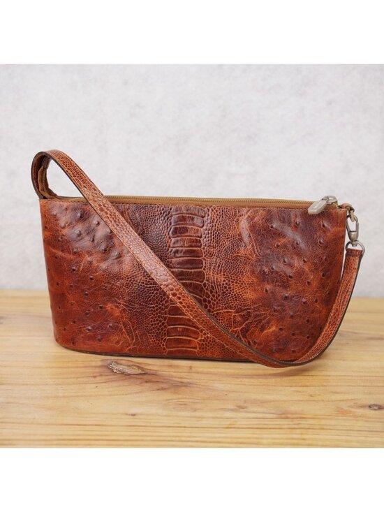 Prune Handbags - Prune Womens Brown Ostrich Leather HandBag Stylish Shoulder Bag Zippered Pouch